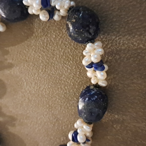 Sterling Lapis Lazuli Large Bead Freshwater Pearl Choker Necklace - Picture 4 of 5